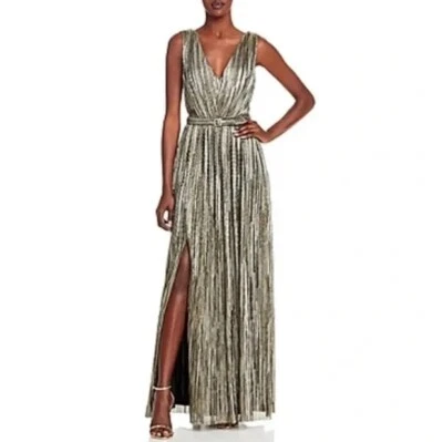 Eliza J Womens 14 Gold Black Striped V Neck Belted Long Dress PREOWNED AO45 - Image 1 of 4