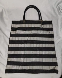 Vintage 60s to 70s Vinyl Shopping Tote Bag Cloth Gray and Black Striped - Picture 1 of 8