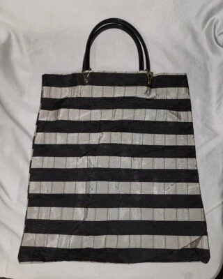 Vintage 60s to 70s Vinyl Shopping Tote Bag Cloth Gray and Black Striped - Image 1 of 4