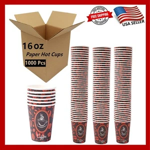 1000 Ct Disposable Paper Hot Coffee Cups Coffee Bean Design WHOLESALE LOT - 16oz - Picture 1 of 6
