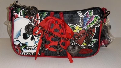 Ed Hardy Baguette con Dijes Bolso de Hombro Cartera Con Cordones Cinta Calavera Corazón Logo Foto 1 de 4