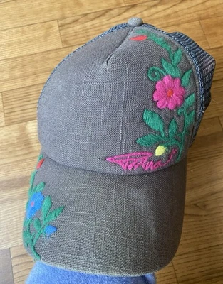 Prana Gray Mesh Trucker Floral Embroidered Flowers Hawaiian Snapback Women’s Hat - Image 1 of 4