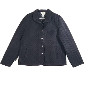 Talbots Diamond Quilted Barn Jacket Womens L Black Corduroy Collar Stretch Snaps - Picture 1 of 11