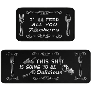 Black Kitchen Rugs and Mats Sets of 2,Funny Decoration Kitchen Rugs Rubber Ba... - Picture 1 of 7