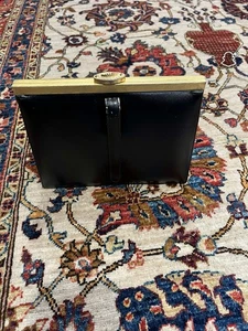 Vintage Mondaine Black Leather Clutch Purse Gold Frame Evening Bag - Picture 1 of 10