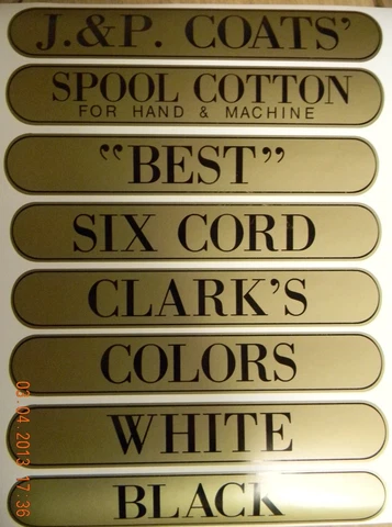 J & P COATS SPOOL CABINET DECALS 8 PIECE SET / Black on Gold 9 1/2 X 1 11/16 Cover