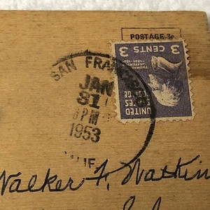 3 Cent Jefferson Stamp Wooden Postcard Grisons Steak Chop House Menu San Fran - Picture 1 of 9