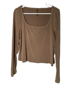 SKIMS Plus Size 2X T Shirt Scoop Neck Long Sleeve Crop Brown Cotton Spandex - Picture 1 of 8