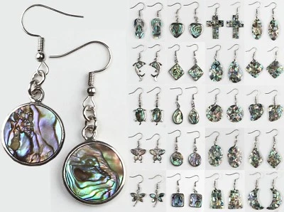Natural Paua Abalone Shell Dragonfly Butterfly Round Silver Hook Dangle Earrings - Image 1 of 4