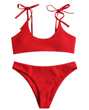 Zaful Women's Sexy Tie Shoulders Ribbed Bikini Swimsuit Set JM4 Love Red, LARGE