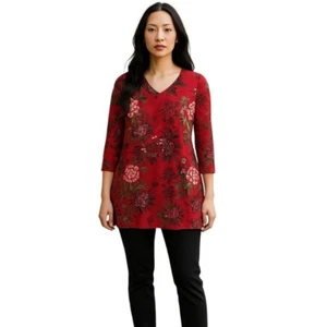 Top túnica floral roja boho The Pioneer Woman elástico manga cuarto otoño 2XL - Imagen 1 de 11