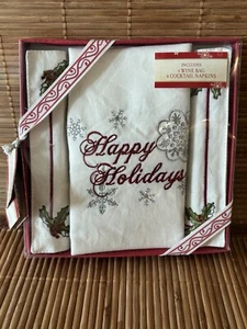 Felices Fiestas VINTAGE Servilleta de Cóctel y Bolsa de Vino Conjunto en Caja... Bordado - Imagen 1 de 4