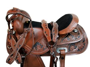 COWBOY WESTERN SADDLE 15 16 17 18 BARREL RACING TOOLED LEATHER HORSE TACK SET - Picture 1 of 10
