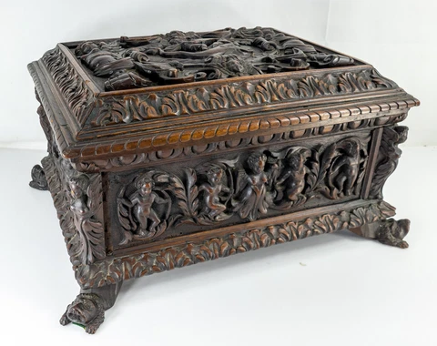 Antique Baroque Carved Italian Oak Miniature Cassone Chest Casket Box w/ Figures Cover