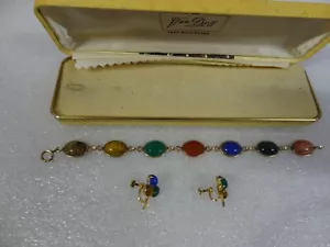 VINTAGE EGYPTIAN 8" SCARAB 12K GOLD FILLED 8-STONE LINK BRACELET EARRINGS & CASE - Picture 1 of 22
