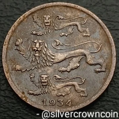 Estonia 2 Senti 1934. KM#15. Bronze Two Cents coin. 3 Leopards. One year issue. - Image 1 of 4
