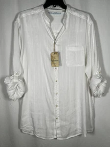 Caribbean Men Shirt 4XB Button Up Linen Roll Tab Sleeve Mandarin White Beach $89 - Picture 1 of 10