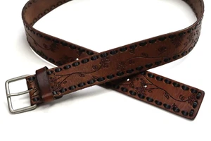 Wilsons Leder Vintage handgefertigt Blumenleder Messing Boho Gürtel 70er Jahre in braun - Bild 1 von 14