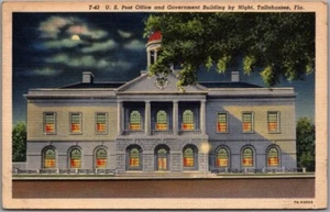 Tallahassee FL Postcard "U.S. Post Office & Government Building by Night" Linen - Picture 1 of 2