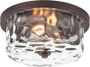 New! Matte Black Flush Mount 2-Light Ceiling Fixture Clear Hammered Glass! - Picture 1 of 7