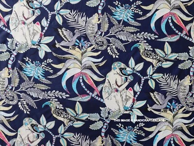 Indian Cotton Fabric 3 Yard Monkey Print Ethnic Loose Running Craft Sewing Blue - Image 1 of 4
