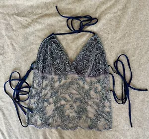 Blue Beaded Halter Summer Tank Crop Top Bellydance Vintage Fairycore Y2K - Picture 1 of 4