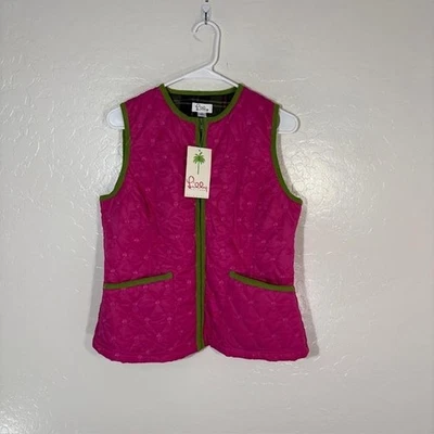 Chaleco Lilly Pulitzer Mujer Pequeño Rosa Verde Borde Helen Palm Edredón Acolchado Cremallera Foto 1 de 4