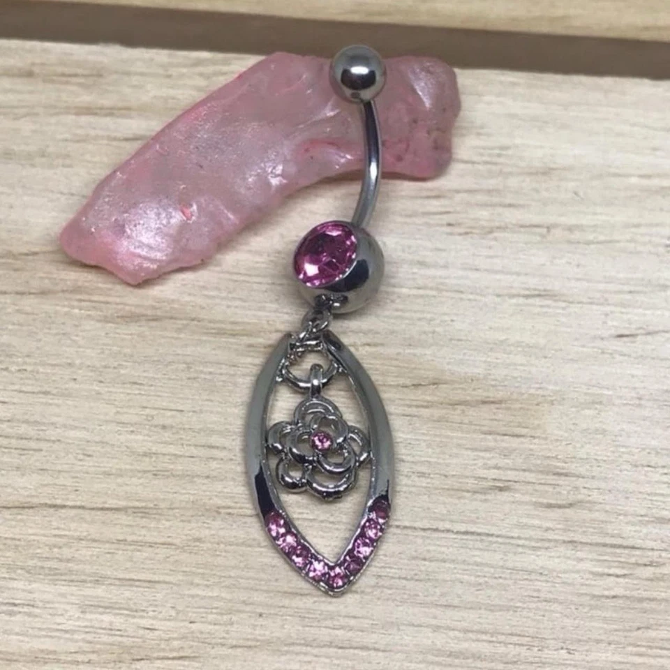 Rosa gema flor colgante ombligo anillo ombligo calibre 14 nuevo acero quirúrgico Foto 1 de 1