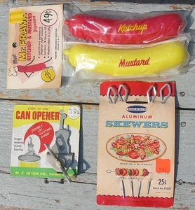 Vtg NOS Kitchen Androck Skewers Mr. Frank Mustard Ketchup Bottle M.E. Heuck USA - Foto 1 di 2