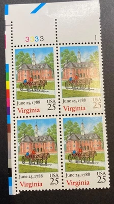 US 25C Scott # 2345, Plate Block of 4, Virginia Ratification, MNH, 1988 - Image 1 of 2