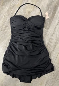 Dobreava Women's Bandeau One Piece Skirt Swimsuit Black S 8/10 Ruched Swim Dress - Picture 1 of 14