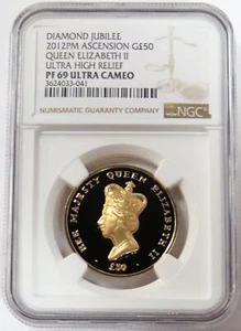 2012 GOLD ASCENSION ISLAND 50 POUND 1oz HIGH RELIEF DIAMOND JUBILEE NGC PF 69 UC - Picture 1 of 3