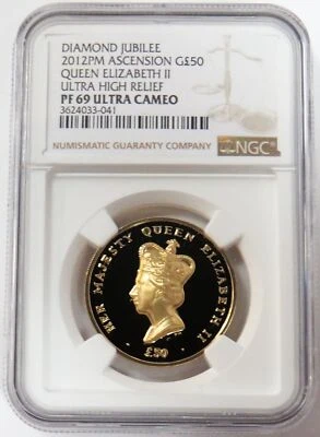 2012 GOLD ASCENSION ISLAND 50 POUND 1oz HIGH RELIEF DIAMOND JUBILEE NGC PF 69 UC - Image 1 of 3