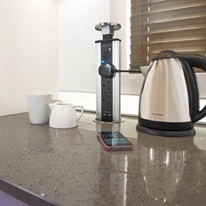POP PULL UP KITCHEN WORKTOP PLUG SOCKET USB PORTS AUDIO BLUETOOTH SPEAKER SILVER - Picture 1 of 2