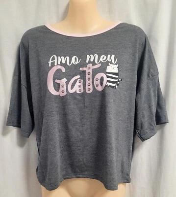 Top de pijama gris para mujer estampado de gato manga corta Marisa talla M Foto 1 de 4