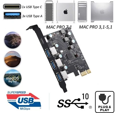 USB 3.1 Type-A & Type C MAC PRO PCIe Card - Plug and Play!! Supports 3,1 4,1 5,1 - Image 1 of 4