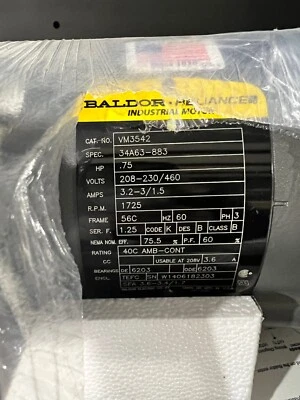 Baldor 3/4 HP 3 Phase Motor VM3542 208-230/460 Volt 1725 RPM 56c Frame - Image 1 of 4