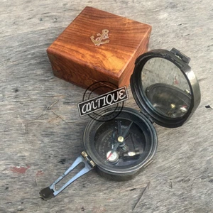 Vintage Brass Pocket Survival Level Compass with Box Wood Solid Compas Navy - Picture 1 of 8
