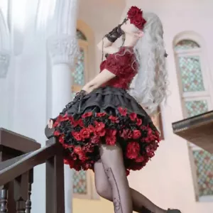 Colorful Flowers Petticoat Skirt Support Short Dress Lolita Cosplay Clothes - Picture 1 of 24