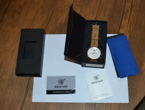 Benyar Quartz Chronograph Analog White Bezel Brown Leather Strap Wristwatch - Picture 1 of 10