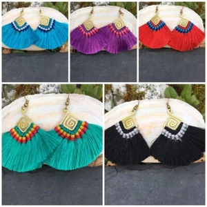 Earring Brass Silk Thread Embroidered Handmade Thailand Boho Ethnic Nomads Wales - Picture 1 of 26