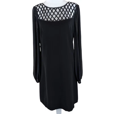 WHBM Cocktail Dress Sz 6 Black Sheath Lattice Neckline Sheer Sleeve Timeless LBD - Image 1 of 4