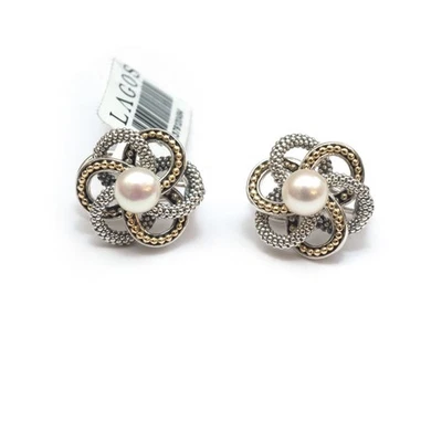 LAGOS New Sterling Silver 18K Gold Love Knot Pearl 18mm Omega Clip Earrings - Image 1 of 4