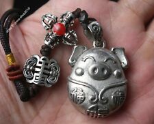 3.5CM Rare China Miao Silver Feng Shui Small Pig Blessing Luck Pendant Bell