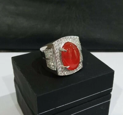 Piedra preciosa de ónix rojo natural con anillo de plata enchapado en oro blanco de 14K para hombre #1320 Foto 1 de 4
