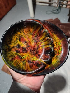 VINTAGE California Pottery Ashtray Black Orange Red Lava Style Glaze Sh5 - Picture 1 of 4