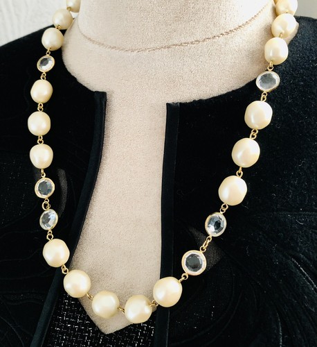 "Collana Lunetta Cristallo Givenchy Finta Perla Barocca Firmata Gioielli Designer 24""