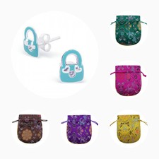 Childrens Girls Sterling Silver Blue Bag Stud Earrings - Pouch