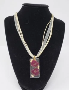 Handmade Glass Rectangle Necklace with Burgundy Flower & Ribbon Rope Chain - New - Picture 1 of 2