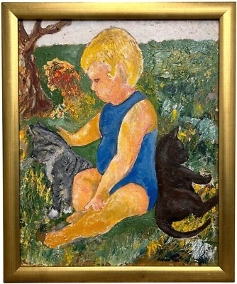 PINTURA A ÓLEO EXPRESSIONISTA do século XX paisagem com menino e gatos - Imagem 1 de 4